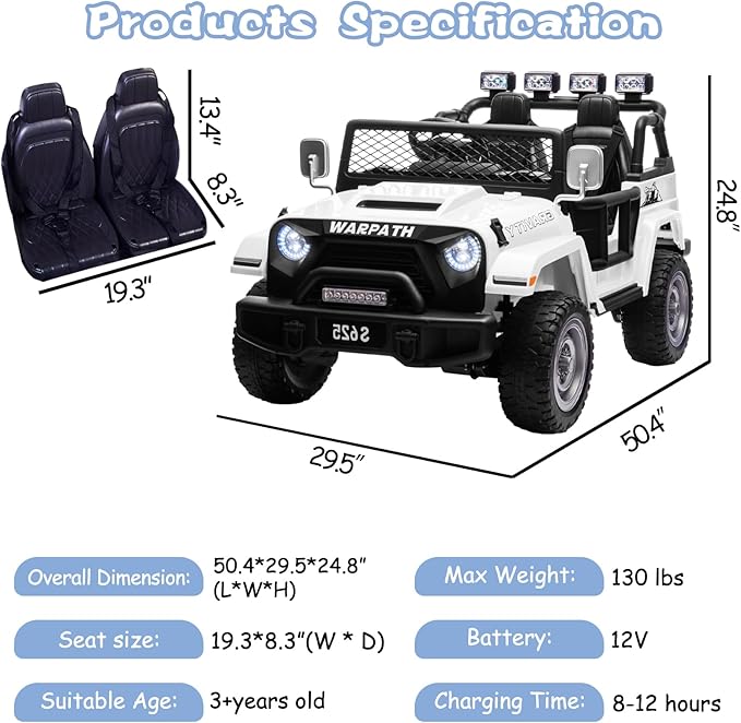 OTTARO 2 Seater Ride on Truck, 12V Large Electric Vehicles Battery Powered Cars for Kids with Remote Control, Spring Suspension, LED Lights, Music (White)