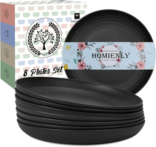 Homienly Wheat Straw Plates Set - 11 inch Reusable Large Dinner Plates Set of 8, Lightweight Unbreakable Salad Plates, Microwave and Dishwasher Safe Plates, Deep Plates for Dinner, Camping - Black