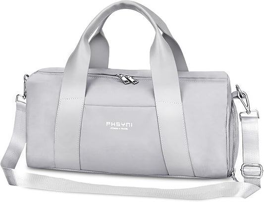 Compact Sports Gym Bag for Women and Men, Cute Mini Duffle Bag with Wet Pocket & Shoes Compartment, Personal Item Travel Workout Bag, 16"-Small, Grey