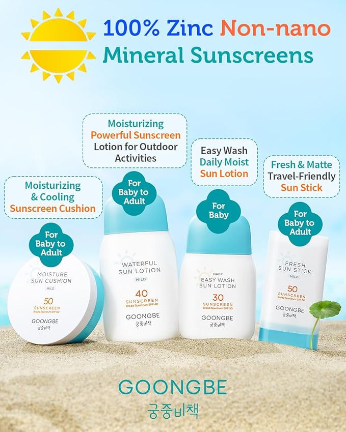 Sun Lotion SPF 40 & Moisture Sun Cushion SPF 50-100% Zinc Oxide Mineral Sunscreen - Vegan Reef-Safe for Babies Kids Adults - Korean Skincare, 2.82oz & Cushion 0.81oz