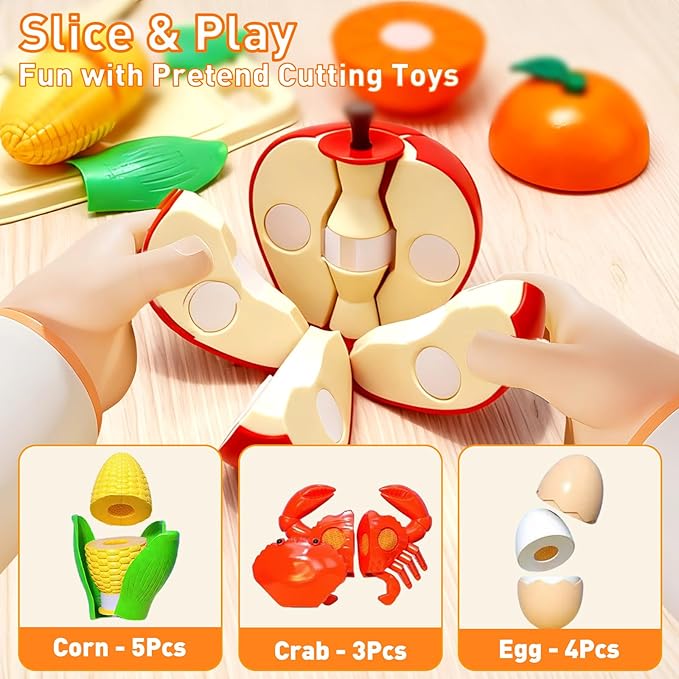 Pretend Play Food Sets for Kids Kitchen, Cutting Toy Food with Apple Basket, Play Kitchen Accessories for Toddlers, Fake Food with Pizza Veggies Fruits, Toys for Boys Girls