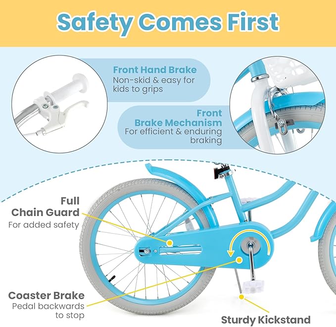 COSTWAY Kids Bike, 12 14 16 18 Inch Toddler Bike Children Bicycle w/Training Wheels, Hand & Coaster Brakes, Adjustable Saddle & Handlebar, Basket, Bell, Kids Bicycle for Girls Boys Aged 3-8 Years Old