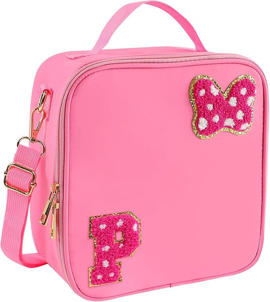 Preppy Initial Bow Mouse Lunch Bag, Kids Insulated Lunch Box Gifts for Teen Girls Daughter, Reusable Soft Lunch Containers Crossbody Cooler Bag Must Haves for Park Travel School Work Picnic Pink P