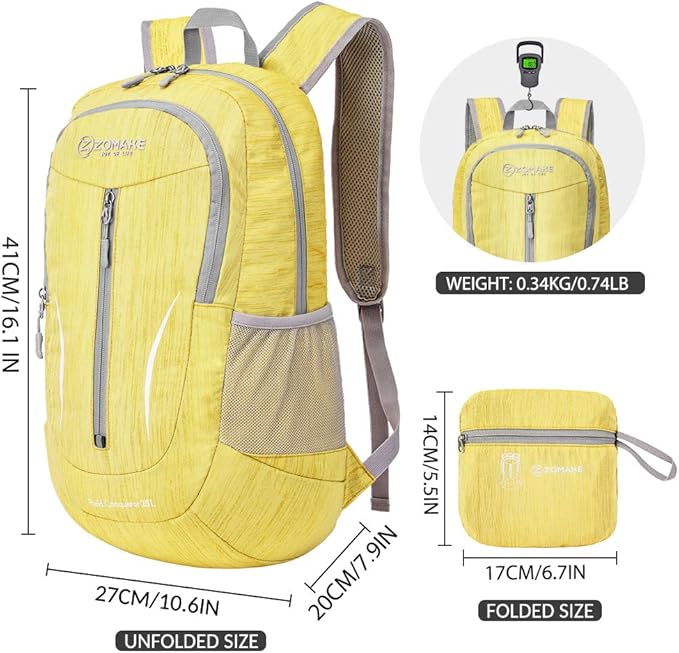 ZOMAKE 25L Ultra Lightweight Packable Backpack, Foldable Hiking Backpacks Water Resistant Small Folding Daypack for Travel(Yellow)