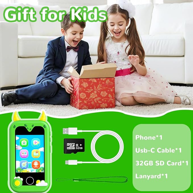 Kids Play Phone Toys, Smart Phone with Dual Camera - Christmas Birthday Gift for Kids Aged 3-12, Toddler Toys Pretend Phone with Music Player, Educational Learning Games with 32GB Memory Card, Green