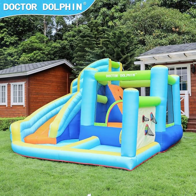 Doctor Dolphin Water Bounce House Inflatable Water Slide Park for Kids Backyard Summer Outdoor Fun with Water Gun Climbing Wall Splash Pool