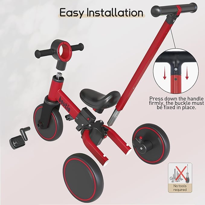 Kids Tricycle for Toddlers 1-3 with Push Handle, 5 in 1 Baby Balance Bike Toy for 1-4 Years Old Boys Girls Gift with Removable Pedals, Red (No Parent Steering Version)