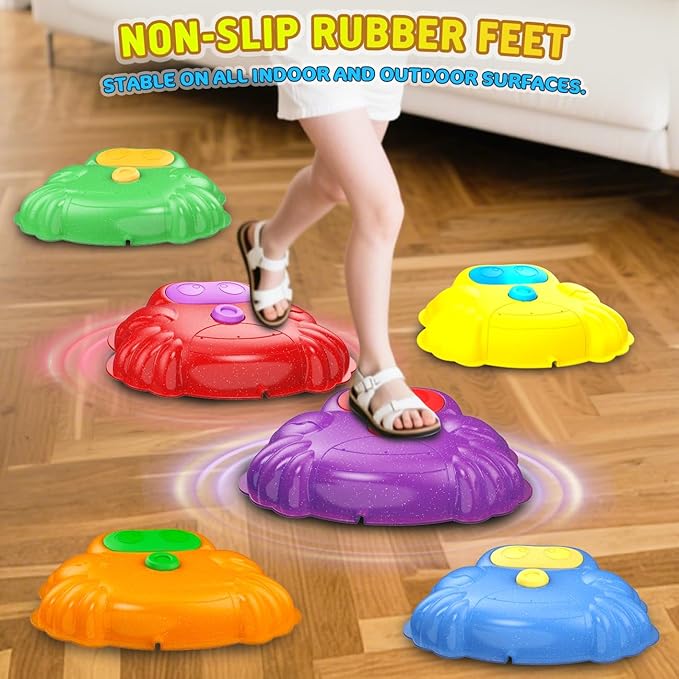 Light up & Sound Stepping Stones for Kids, 6PCS Crab Balance River Stones, Obstacle Course Indoor & Outdoor, Toddlers Sensory Toy, Play Equipment Improve Coordination, Gifts for Boys Girls 3+