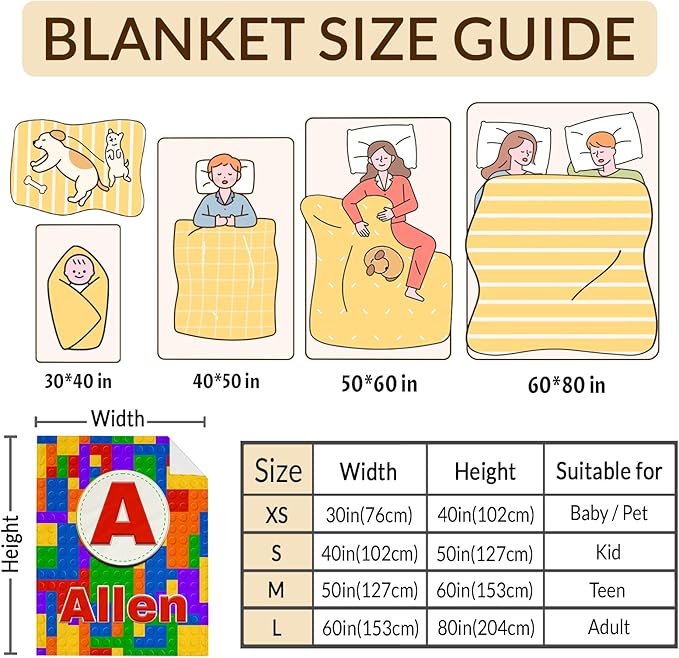 Boys Blankets, Personalized Building Blocks Blanket with Initial Monogram for Kids Toddlers, Funny Throws Blanket Gift, Soft Cozy Flannel Throw for Sofa Bed Couch Decor