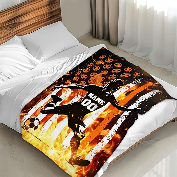 Personalized Soccer Throw Blanket Gifts with Name for Boys, Sport Blanket for Kids Teens Adults Soccer Lovers, Custom 60x50 Inches Soft Blankets for Sofa Couch Bed