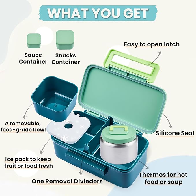 PIQUEBAR Kids Lunch Box with 8oz Thermo, Leakproof Bento Box with Insulated Bag, Kids Insulated Water Bottle with Straw, Food Lunch Container for Back to School Girls Boys, Green