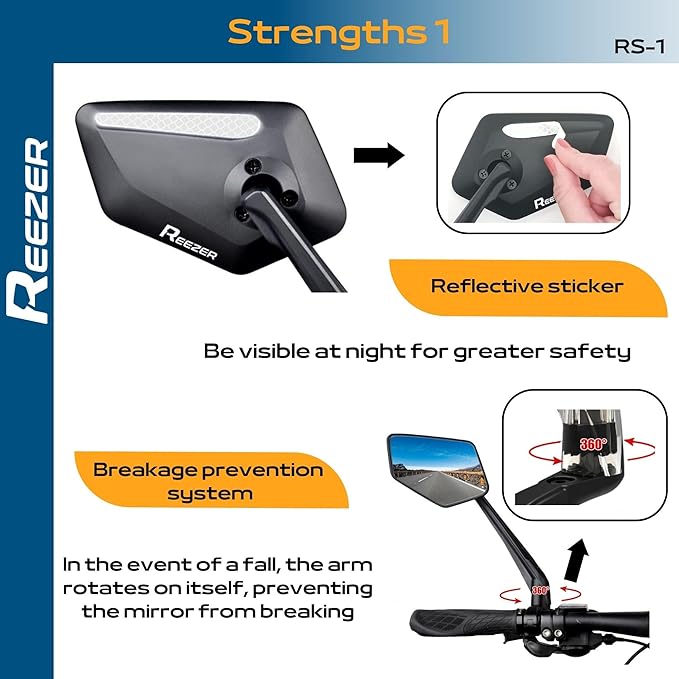 REEZER RS1 - Handlebar Bike mirror, 360° rotatable & foldable, large field of vision, Bicycle rearview mirrors, 0,86" to 1", Reflective - LEFT