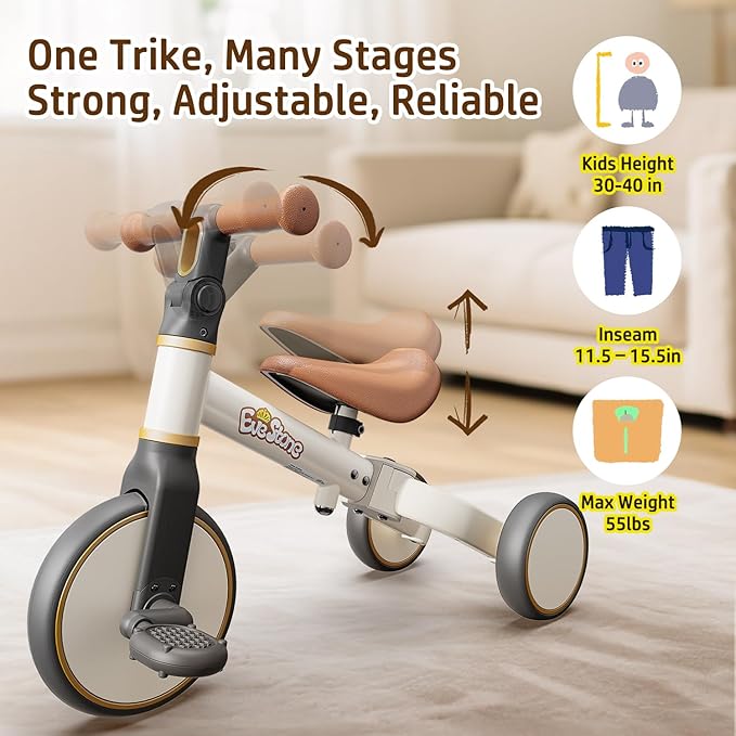 5-in-1 Toddler Bike, Kids Balance Bike & Ride-On Tricycle for 18 Months to 4 Years, Outdoor and Indoor Gift Bike for 1-3 Year Old, Birthday Present Toy for Boys & Girls, White