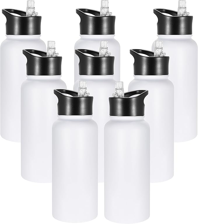 VEGOND 32 oz Insulated Water Bottle Bulk Stainless Steel Metal Water Bottles with Leak Proof Straw Lid & Spout Lid, Wide Mouth Double Walled Vacuum Travel Sports Bottle, 8 Pack