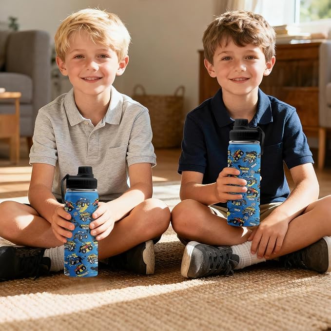 Truck Gifts for Boys, 18 oz Stainless Steel Water Bottles with 2 Lids, Insulated Water Bottle with Straw, Truck Cups for Travel Sports Outdoor, Birthday Christmas Gifts for Boys Truck Lovers