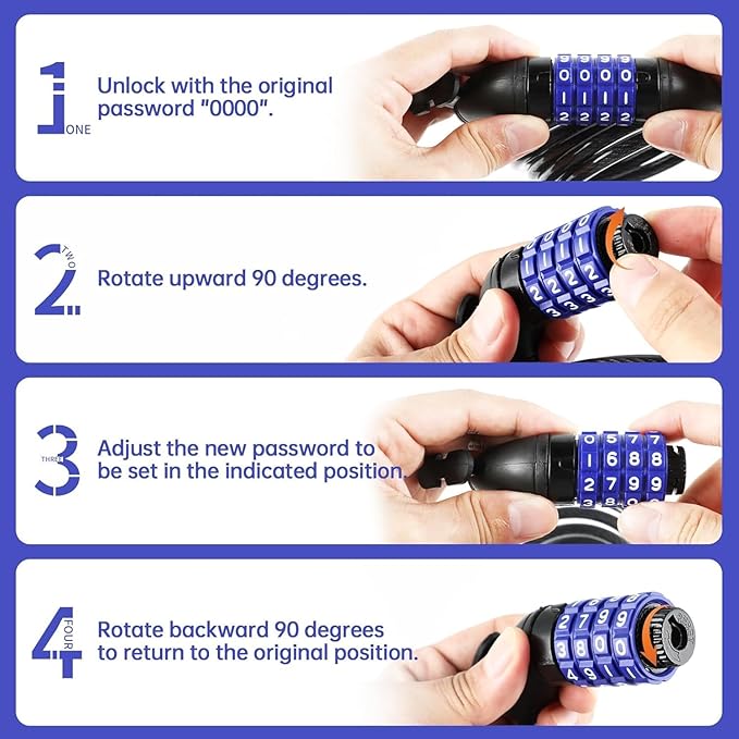 Light Bike Lock Cable,Anti Theft Cable Lock,4 Digit Security Resettable Bike Combination Lock, for E-Scooter, Electric Bike, Mountain Bike,Bicycle, Motorbikes（Blue）