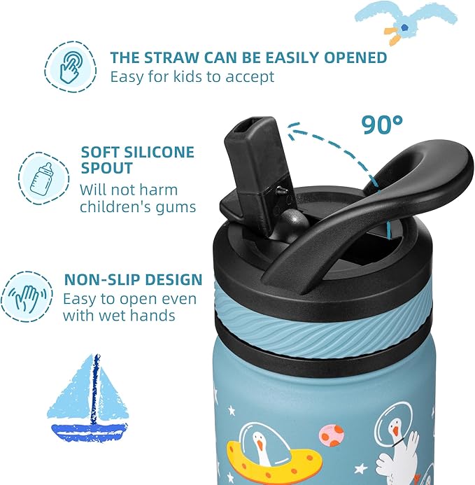 Fanhaw 18 Oz Kids Insulated Water Bottle with Straw - Stainless Steel Double Wall Vacuum Cup, Leakproof, BPA Free, Suitable for Boys and Girls(Cyan - Duck in Space)
