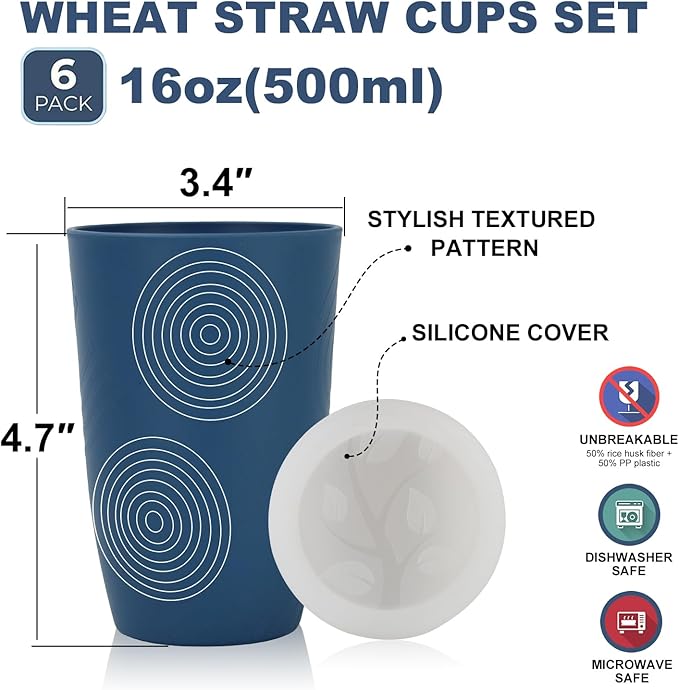 Wheat Straw Cups with Silicone Covers 16oz Set of 6 - Alternative Plastic Cups Microwave & Dishwasher Safe - Plastic Drinking Cups Unbreakable for Kids