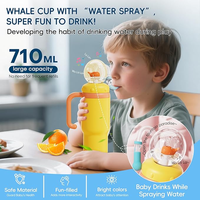 Insulated Whale Fountain Cup, 24 oz Stainless Steel Travel Mug with Handle, Leak-Proof Straw Cup, 2025 model - Washable. Suitable for children, teenagers and adults (royalblue)