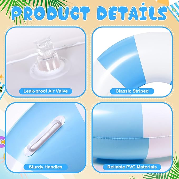 3 Pcs Large Swim Ring with Handles Set 47.24" 39.37" 35.43" Inflatable Pool Inner Tube Classic Striped Pool Ring Floats for Adults Teens Summer Lounger Beach Party Supplies