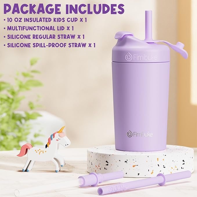 Fimibuke Kids & Toddler Cups, 10 OZ Spill Proof Straw Cups for Toddlers, Leak-Proof Kids Insulated Tumblers with Screw-On Lid & Silicone Straws with Stopper, Stainless Steel Sippy Cup for Girls Boys