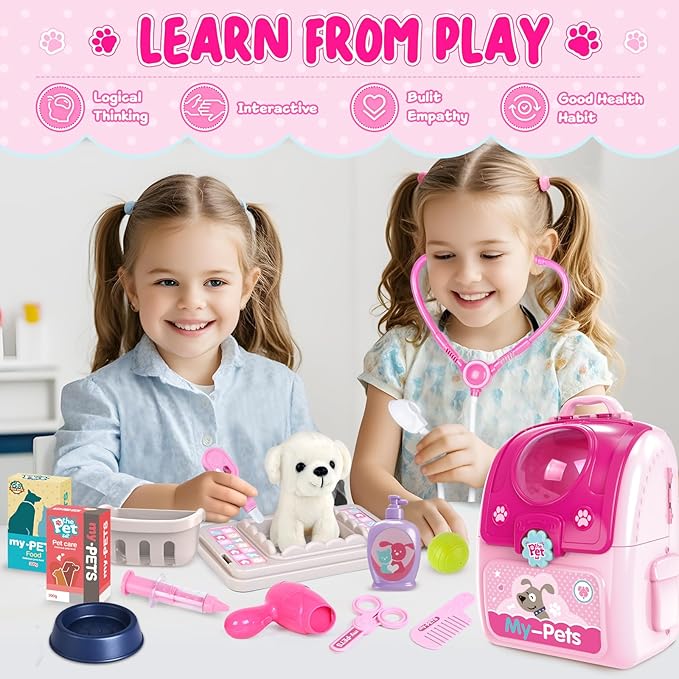 Girl Toys Gifts for 2 3 4 5 6 Years Old, Toddler Girl Toys, Pet Care Pretend Doctor Set Toys for Kids, Doctor kit for Toddlers 1-3 3-5, Kids Doctors Play Set with Plush Puppy Toy&Storage Backpack