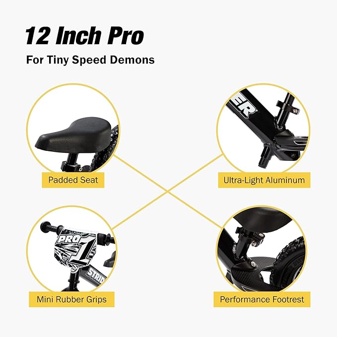 Strider 12” Pro Bike, No Pedal Balance Bicycle for Kids 1 to 4 Years - Includes Safety Pad, Padded Seat, Mini Grips & Flat-Free Tires - Tool Free