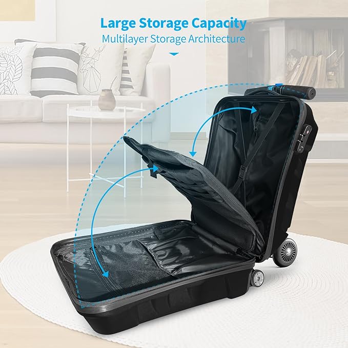 Scooter Suitcase 3-D Hardshell Ride Scooter Luggage for Kids Age 7-15, Cute Lightweight Kids Luggage with Wheels, Girls&Boys Multifunctional Ride On Travel Trolley Scooter Combo-Black