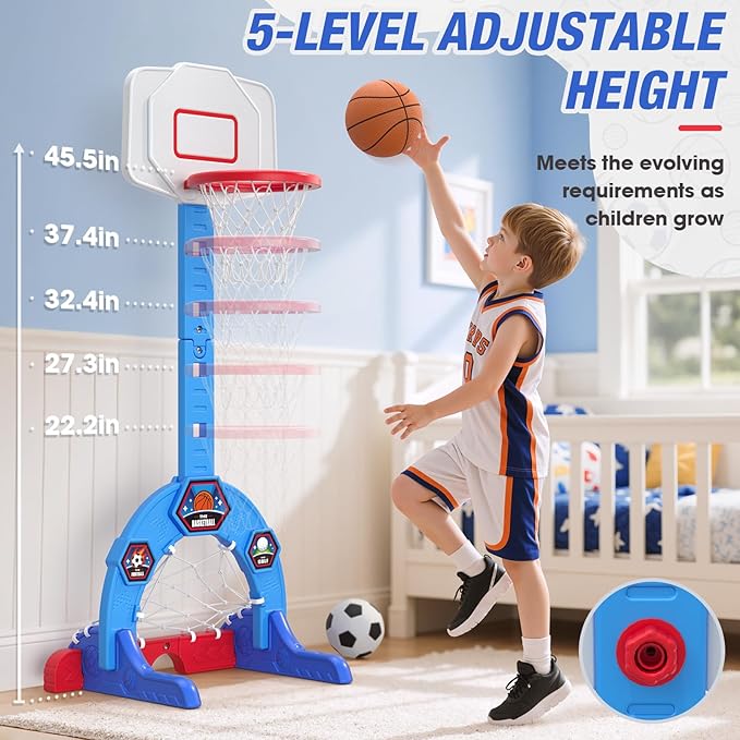 Toddler Basketball Hoop, 3-in-1 Sports Activity Center with Soccer Goal, Golf Game, 5 Height Adjustable Kids Basketball Hoop, Indoor Outdoor Playset Toys Gifts for Boys Girls 3-5, Blue