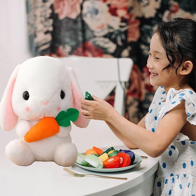 HOUPU Soft Toy - Sitting Lop Eared Rabbit, Easter White Rabbit Stuffed Bunny Animal with Carrot Soft Lovely Realistic Long-Eared Standing Pink Plush Toys (White-Carrot,29.5in/75cm)