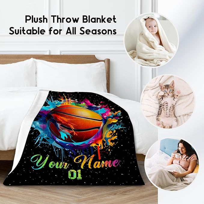 Personalized Basketball Blanket for Girls, Custom Basketball Gifts for Boys Adults Sport Lovers, Kids Throw Blankets for Team Player Bed Living Room Home Decor (Colorful, 60x80 Inch)
