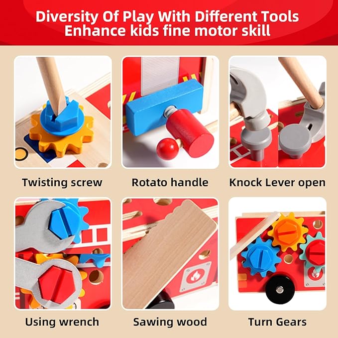 Toddler Tool Set - 33 PCS Wooden Kids Tools with Firetruck-Shaped Box / Bench, Montessori Educational Pretend Play Preschool Toys Gifts for 3 Year Old boy Girl Kids, STEM fine Motor Skills Tool Set