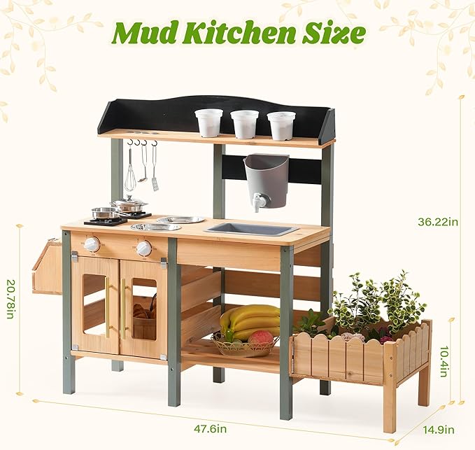 ROBOTIME Mud Kitchen for Kids Outdoor, Wood Outdoor Kitchen with Insect Observation Box & Planter Box, Toddler Play Kitchen with Removable Sink & Faucet, Pretend Outdoor Playset for Garden Fun