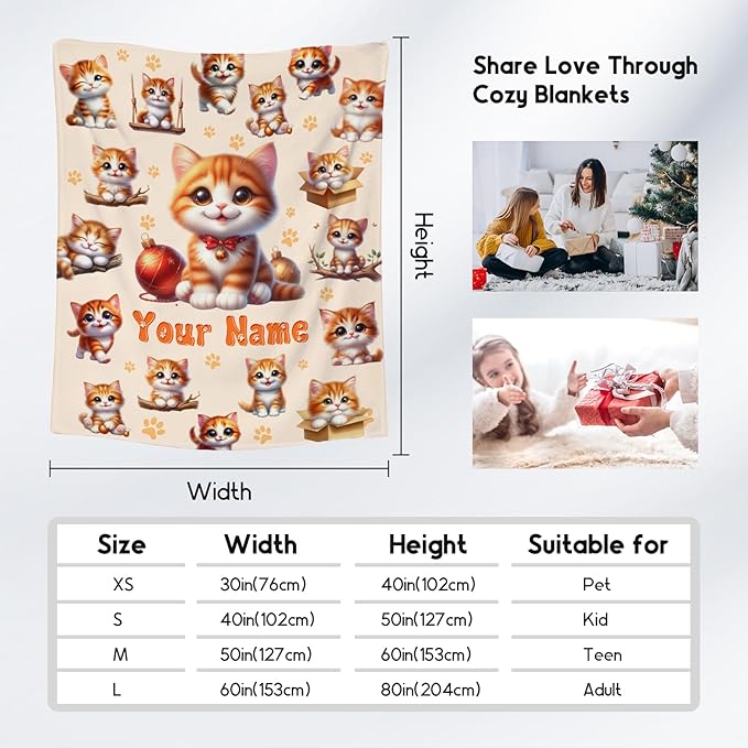 Girls Blankets Gifts Personalized Cat Blanket for Cat Lovers Women Adults, Custom Gifts with Name, 60"x80" Cute Flannel Kids Throw for Couch Sofa Bedroom