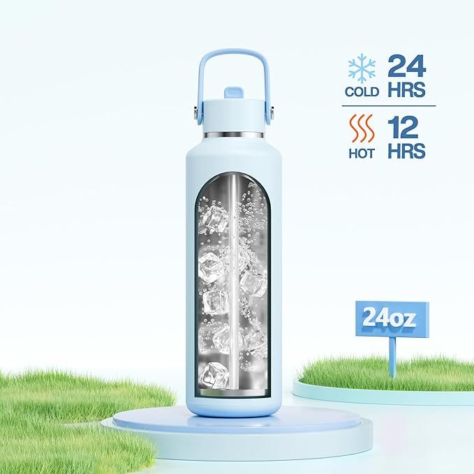 POWCAN 24 oz Insulated Travel Water Bottle for: Leakproof, BPA-Free, Top Handle, Stainless Steel Water Bottle with Straw for School, Outdoors, Camping, Sport, Hiking, Biking, Playground (Sea Breeze)