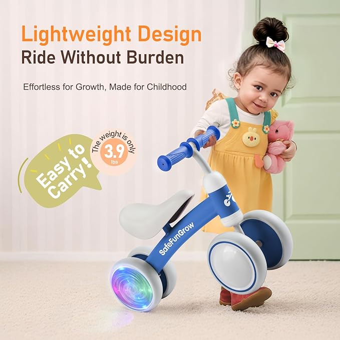 Colorful Lighting Baby Balance Bike Toys for 1 Year Old Boys Gifts, Balance Bike 1 Year Old No Pedal, 12-24 Months Toddler Ride on Toys with 4 Silent Wheels & Soft Seat, 1st Birthday Gifts, Blue