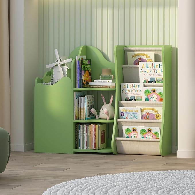 Tree House Kids Bookshelf Toddler Bookcase 4-Tier Baby Book Rack Sling Pocket Cabinet Children Toy Storage Organizer Wood Display Shelf Nursery Playroom Bedroom Classroom Preschool Boy Girl Gift