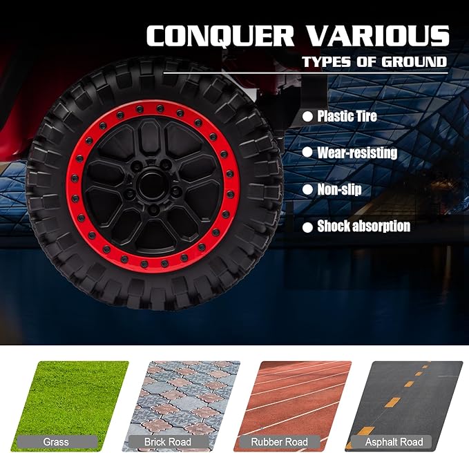 POSTACK 24V Ride On Car with Remote Control, 1 Seater 2WD Battery Powered Ride On UTV Toys for Toddlers Boys Girls, Off Road Electric Vehicle to Drive w/Bluetooth, LED Lights, Red