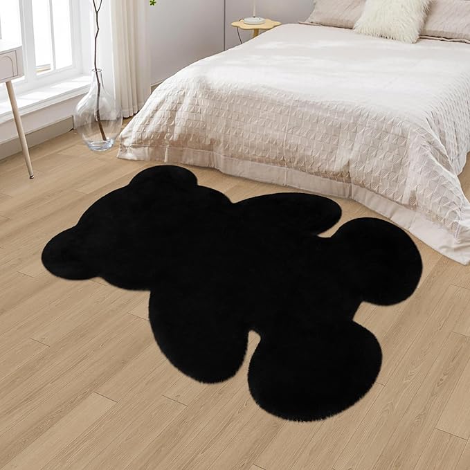4x5.3 ft Black Bear Shaggy Large Rug, Soft Fluffy Faux Sheepskin Fur Rug Fuzzy Shag Area Rug Cute Plush Carpet for Nursery Kids Girls Bedroom Room Aesthetic Living Room Floor Home Decor, Black