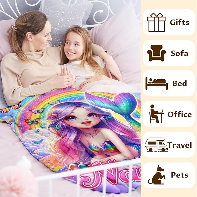 Kids Blanket for Girls Personalized Mermaid Gifts for Daughter, Custom 60x50 Inches Cozy Fluffy Rainbow Mermaid Blankets Throws for Bedroom Couch Camping Living Room