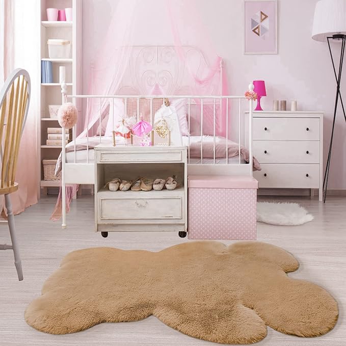 4x5.3 ft Bear Shaggy Large Rug, Soft Fluffy Faux Sheepskin Fur Rug Fuzzy Shag Area Rug Cute Plush Carpet for Nursery Kids Girls Bedroom Room Aesthetic Living Room Floor Home Decor, Brown