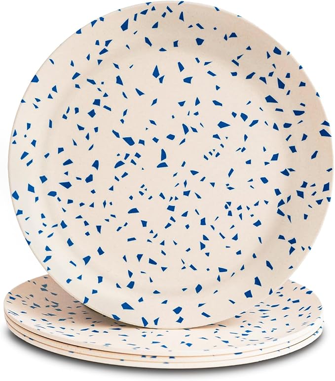 Nook Theory 4 Pack Reusable Bamboo Plates - Non-Toxic Toddler and Kids Plate, Dishwasher Safe, Not Microwavable Dinnerware (Terrablue 8")