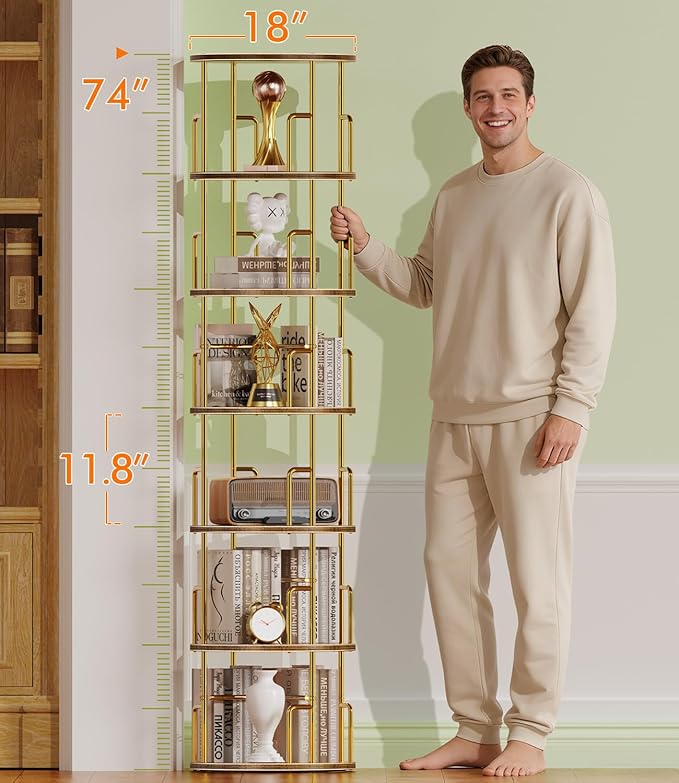 6 Tier Rotating Bookshelf Tower Round,74” Tall Spinning Bookshelf Tower Anti-Tipping Design,Metal & Wood Standing Revolving Bookcase Stackable Space Saving for Small Spaces,Study,Living Room,Bedroom