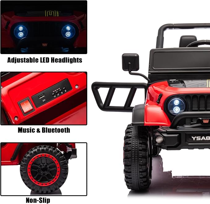 POSTACK 24V Ride On Car with Remote Control, 1 Seater 2WD Battery Powered Ride On UTV Toys for Toddlers Boys Girls, Off Road Electric Vehicle to Drive w/Bluetooth, LED Lights, Red