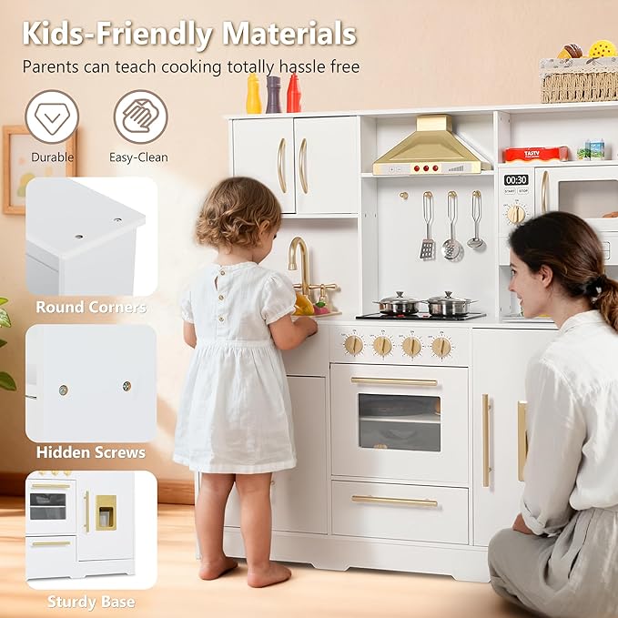 Kinder King Wooden Kids Play Kitchen, Toy Kitchen Playset for Toddler, Play Kitchen Set w/Real Sounds, Pretend Coffee Machine, Kitchen Hood, Sink, Ice Maker, Gift for Boys Girls Age 3+, White