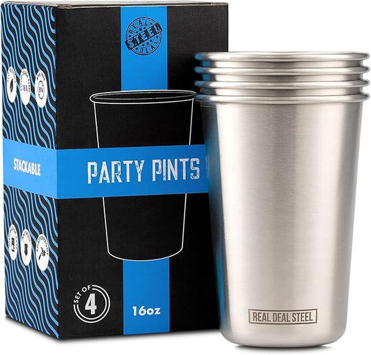 Stainless Steel 16 oz Pint Cups Stackable Single Wall Tumblers, Eco Friendly Premium Metal Drinking Glasses (Stainless Steel)