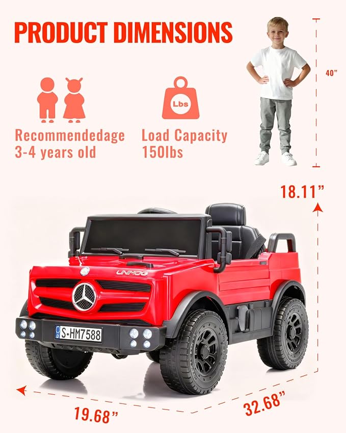 12V Ride on Car for Kids, Licensed Mercedes-Benz Unimog Truck w/Parent Remote Control, LED Headlights, Music Player & Horn for 3-6 Years Toddler, Red