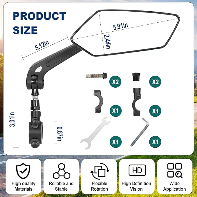 Pair Of Bike Mirrors, Bike Mirrors For Handlebars, 360-Degree Rotating Rear View Glass Lens, Safe Riding Mirrors, Scratch-Resistant Glass Lens, Universal Fitting Accessories