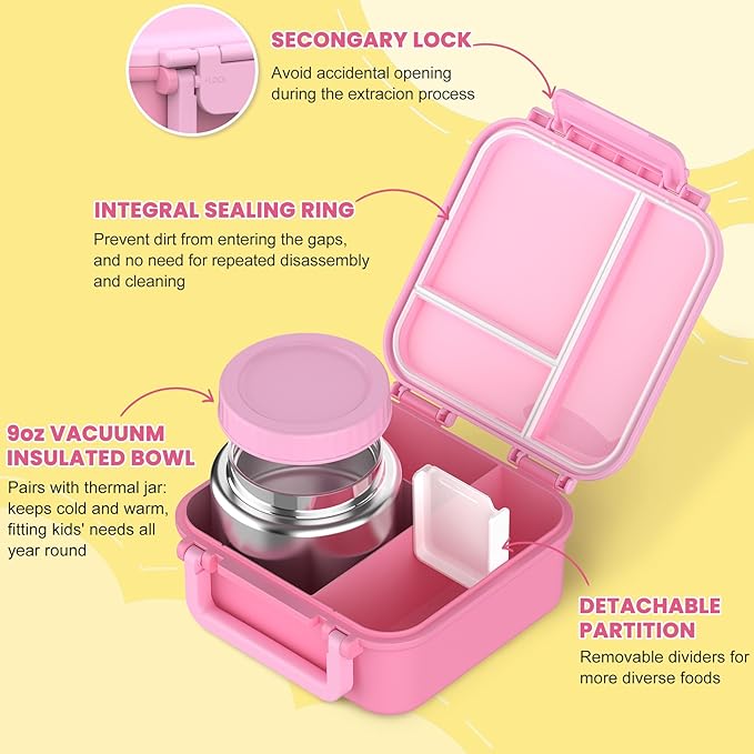 Bento Lunch Box Set for Kids with 9oz Soup Thermo, Insulated Lunch Bag,Leak-proof BPA-free Lunch Food Container with 3-4 Conpartments for School Travel-Pink