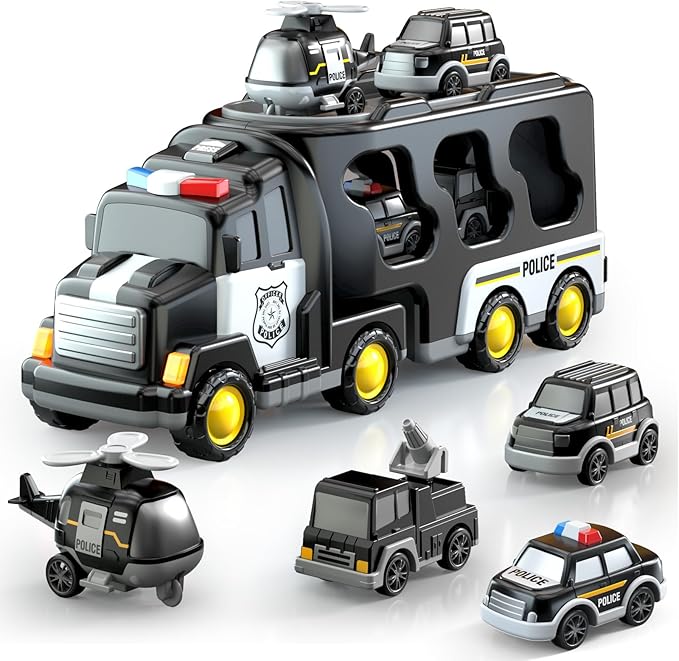 5 in 1 Police Trucks Cars Toys for Toddlers 3-5, Boy Toddler Car Truck Toys with Light Sound, Birthday Gifts Toys for 3 4 5 6 Year Old Boy, Transport Carrier Truck for Toddlers 3-5 Years